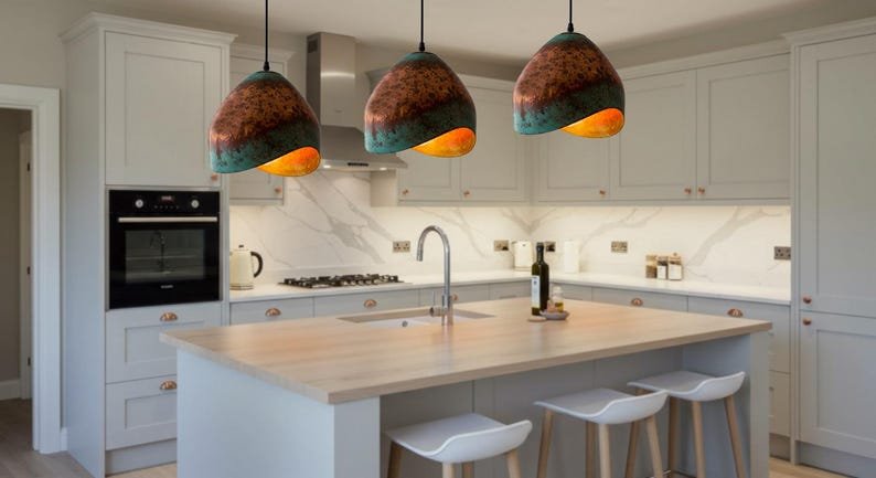 Handmade Copper Dome Pendant Light: Green Patina Rustic Farmhouse Lighting