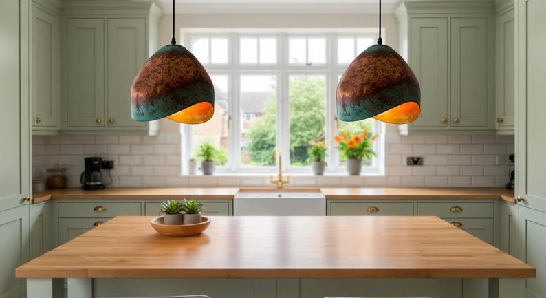 Handmade Copper Dome Pendant Light: Green Patina Rustic Farmhouse Lighting
