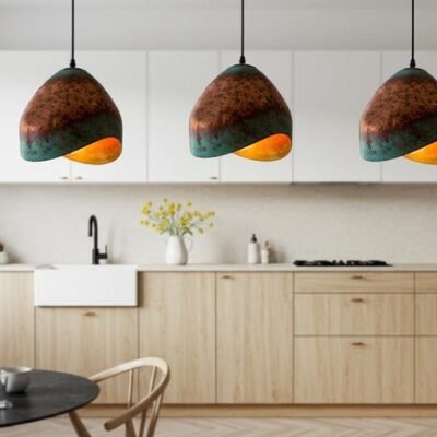 Handmade Copper Dome Pendant Light: Green Patina Rustic Farmhouse Lighting