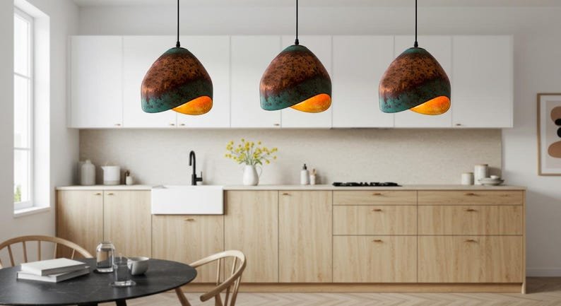 Handmade Copper Dome Pendant Light: Green Patina Rustic Farmhouse Lighting