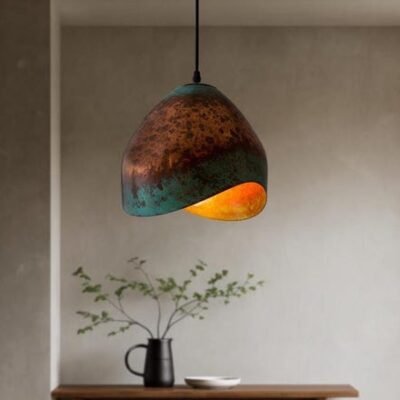 Handmade Copper Dome Pendant Light: Green Patina Rustic Farmhouse Lighting