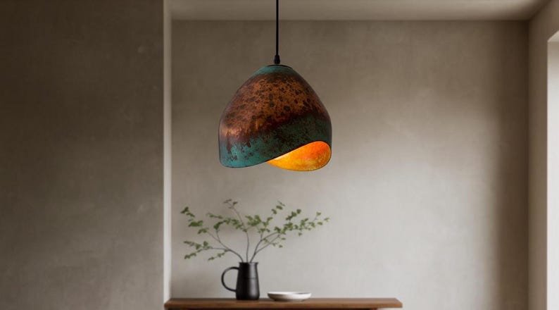 Handmade Copper Dome Pendant Light: Green Patina Rustic Farmhouse Lighting