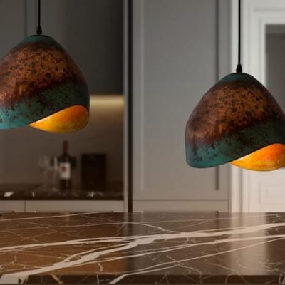 Handmade Copper Dome Pendant Light: Green Patina Rustic Farmhouse Lighting