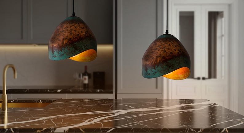 Handmade Copper Dome Pendant Light: Green Patina Rustic Farmhouse Lighting