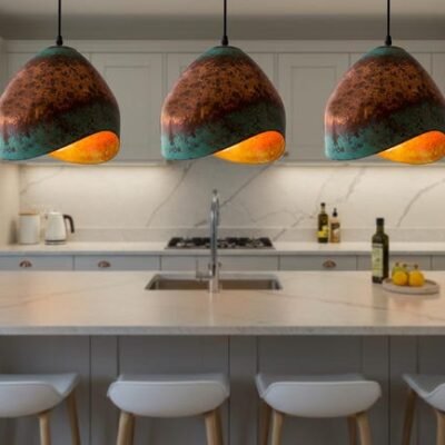 Handmade Copper Dome Pendant Light: Green Patina Rustic Farmhouse Lighting