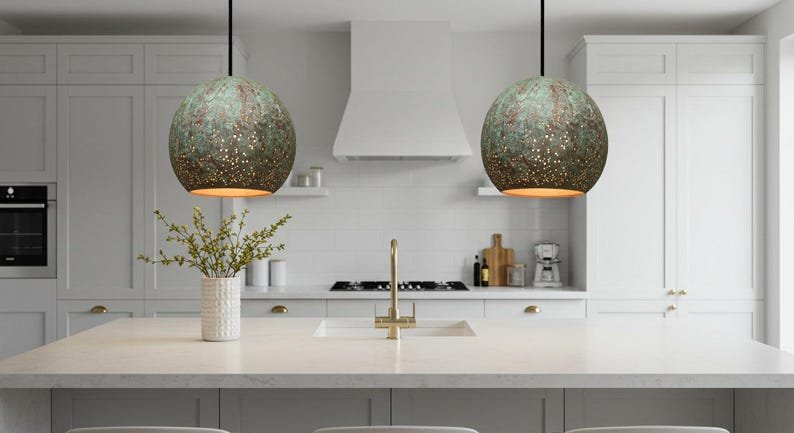 Green Patina Copper Dome Pendant Light: Rustic Farmhouse Lighting