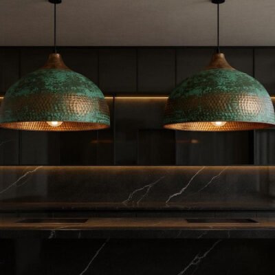 Handmade Hammered Copper Dome Pendant Light: Rustic Green Patina