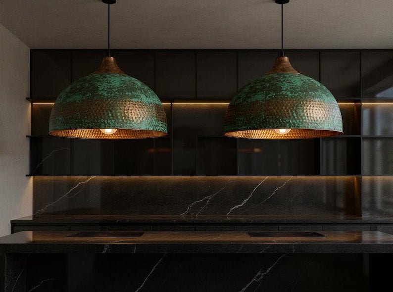 Handmade Hammered Copper Dome Pendant Light: Rustic Green Patina