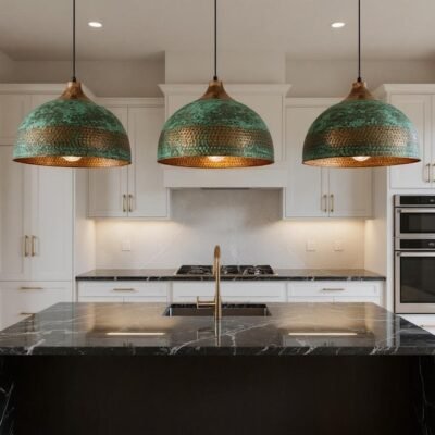 Handmade Hammered Copper Dome Pendant Light: Rustic Green Patina