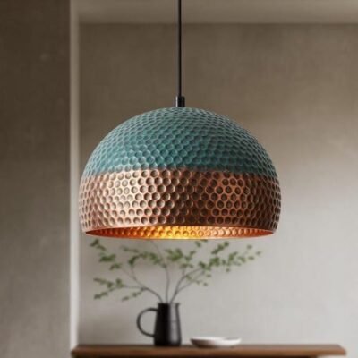 Handmade Oxidized Copper Dome Pendant Light: Rustic Green Patina