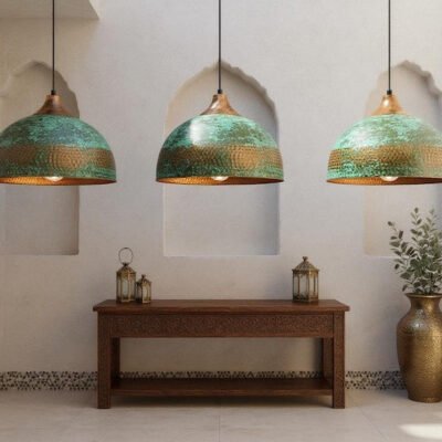 Handmade Hammered Copper Dome Pendant Light: Rustic Green Patina