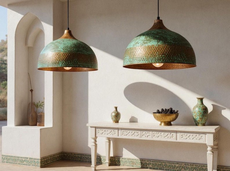 Handmade Hammered Copper Dome Pendant Light: Rustic Green Patina
