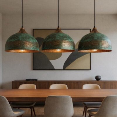 Handmade Hammered Copper Dome Pendant Light: Rustic Green Patina