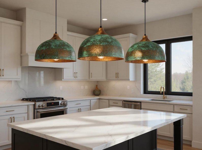 Handmade Hammered Copper Dome Pendant Light: Rustic Green Patina