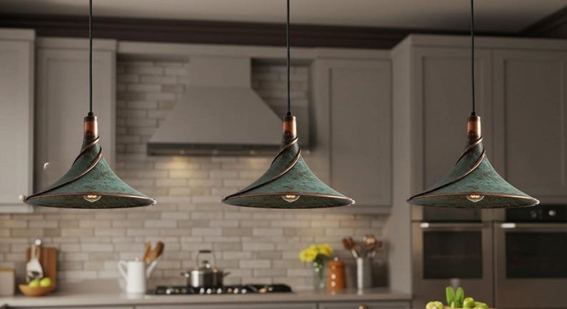 Handmade Green Patina Copper Pendant Light: Rustic Island Lighting