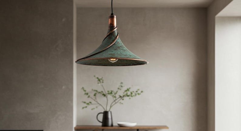 Handmade Green Patina Copper Pendant Light: Rustic Island Lighting