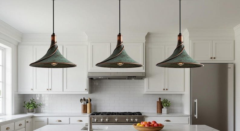 Set of 3 Green Patina Twisted Cone Pendant Lights