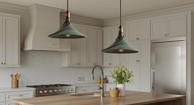 Handmade Green Patina Copper Pendant Light: Rustic Island Lighting