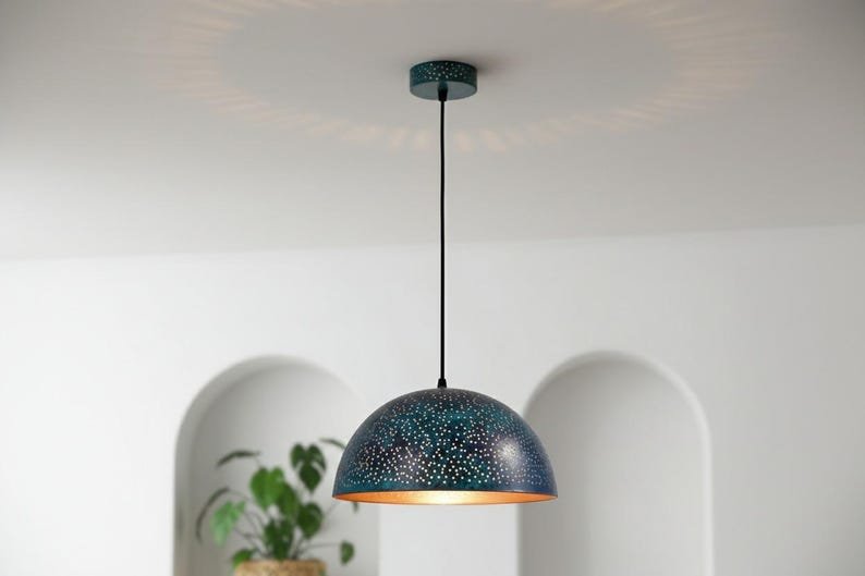 Handmade Blue Patina Copper Dome Pendant Light - Rustic Kitchen Island Lighting
