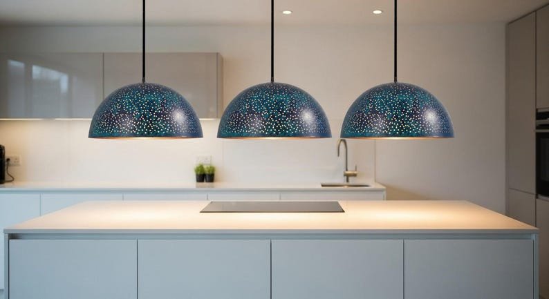 Handmade Blue Patina Copper Dome Pendant Light - Rustic Kitchen Island Lighting