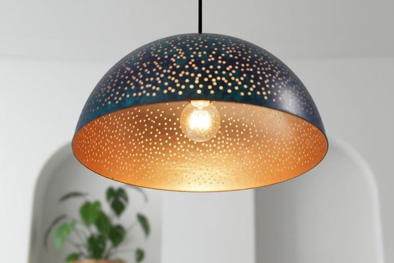 Handmade Blue Patina Copper Dome Pendant Starry Perforated Ceiling Light