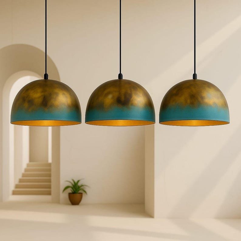 Set of 2 Green Patina Copper Dome Pendant Light: Moroccan Kitchen Island Lamp