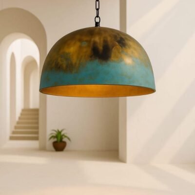 Set of 2 Green Patina Copper Dome Pendant Light: Moroccan Kitchen Island Lamp