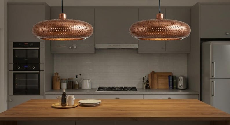 Copper Pendant Light: Perforated Shade, Modern Kitchen Island Lighting
