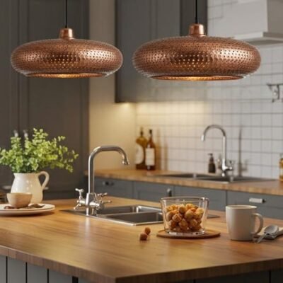 Copper Pendant Light: Perforated Shade, Modern Kitchen Island Lighting