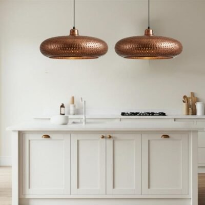 Copper Pendant Light: Perforated Shade, Modern Kitchen Island Lighting