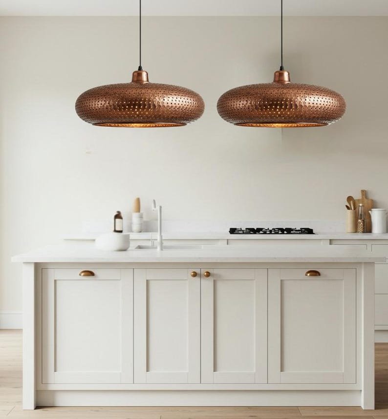 Copper Pendant Light: Perforated Shade, Modern Kitchen Island Lighting