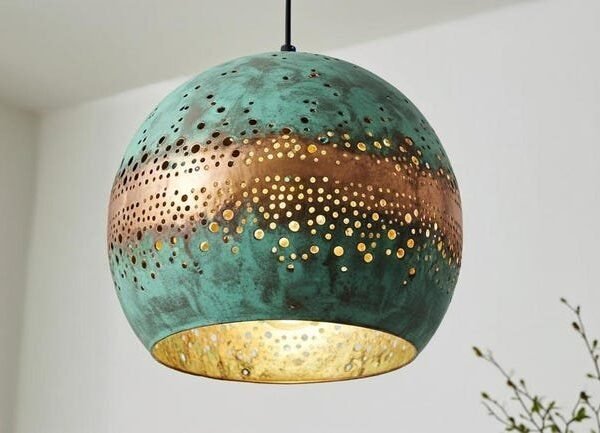 Green Patina Perforated Globe Pendant Light