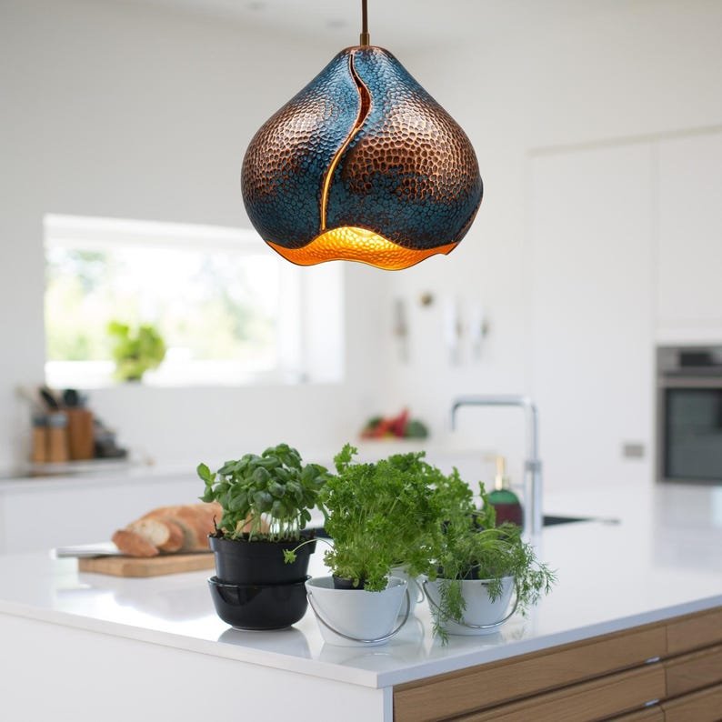 Hand Hammered Copper Pendant Light: Sculptural Teardrop Ceiling Lamp