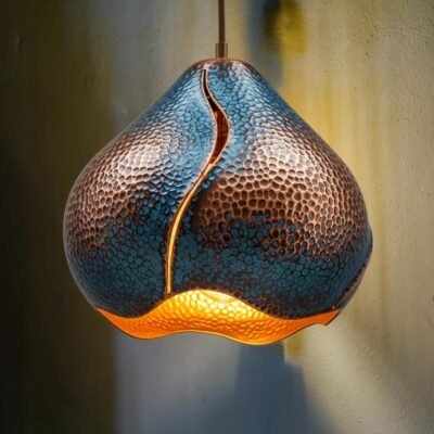 Hand Hammered Copper Pendant Light: Sculptural Teardrop Ceiling Lamp