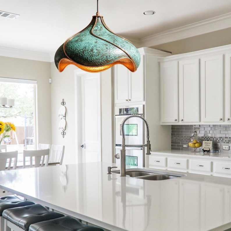 Hand-Hammered Copper Lotus Pendant Light: Verdigris Patina, Moroccan Lighting