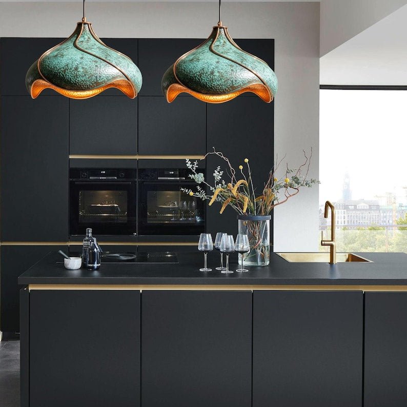 Hand-Hammered Copper Lotus Pendant Light: Verdigris Patina, Moroccan Lighting