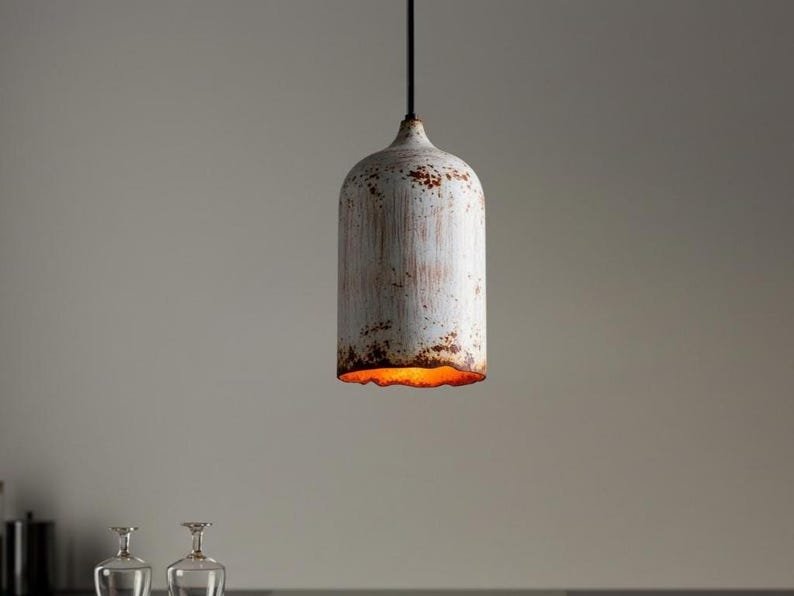Rustic White Patina Pendant Lights – Vintage Industrial Hanging Lamps – Handmade Farmhouse Kitchen Lighting
