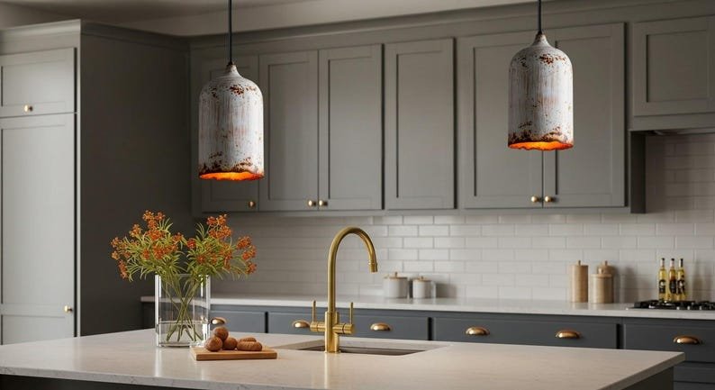 Rustic White Patina Pendant Lights – Vintage Industrial Hanging Lamps – Handmade Farmhouse Kitchen Lighting