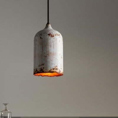 Handmade White Patina Copper Cylinder Pendant Light