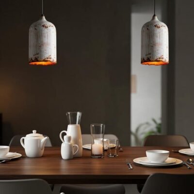 Rustic White Patina Pendant Lights – Vintage Industrial Hanging Lamps – Handmade Farmhouse Kitchen Lighting