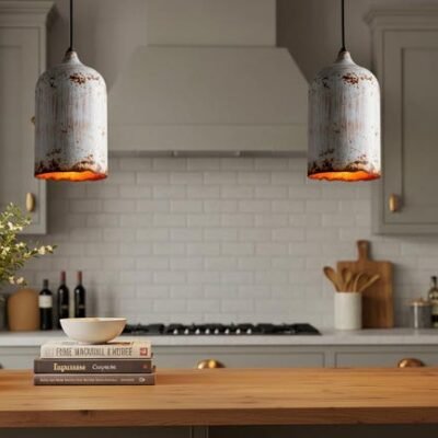 Rustic White Patina Pendant Lights – Vintage Industrial Hanging Lamps – Handmade Farmhouse Kitchen Lighting