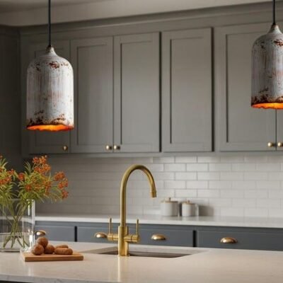 Rustic White Patina Pendant Lights – Vintage Industrial Hanging Lamps – Handmade Farmhouse Kitchen Lighting