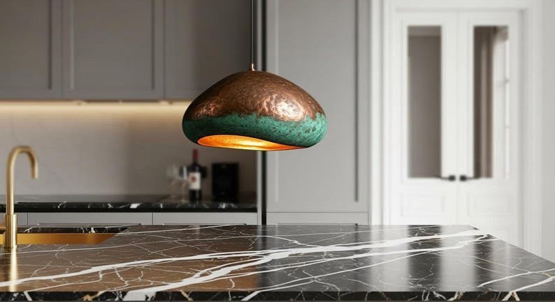 Organic Copper & Green Patina Pendant Light Handcrafted Modern Rustic Lamp