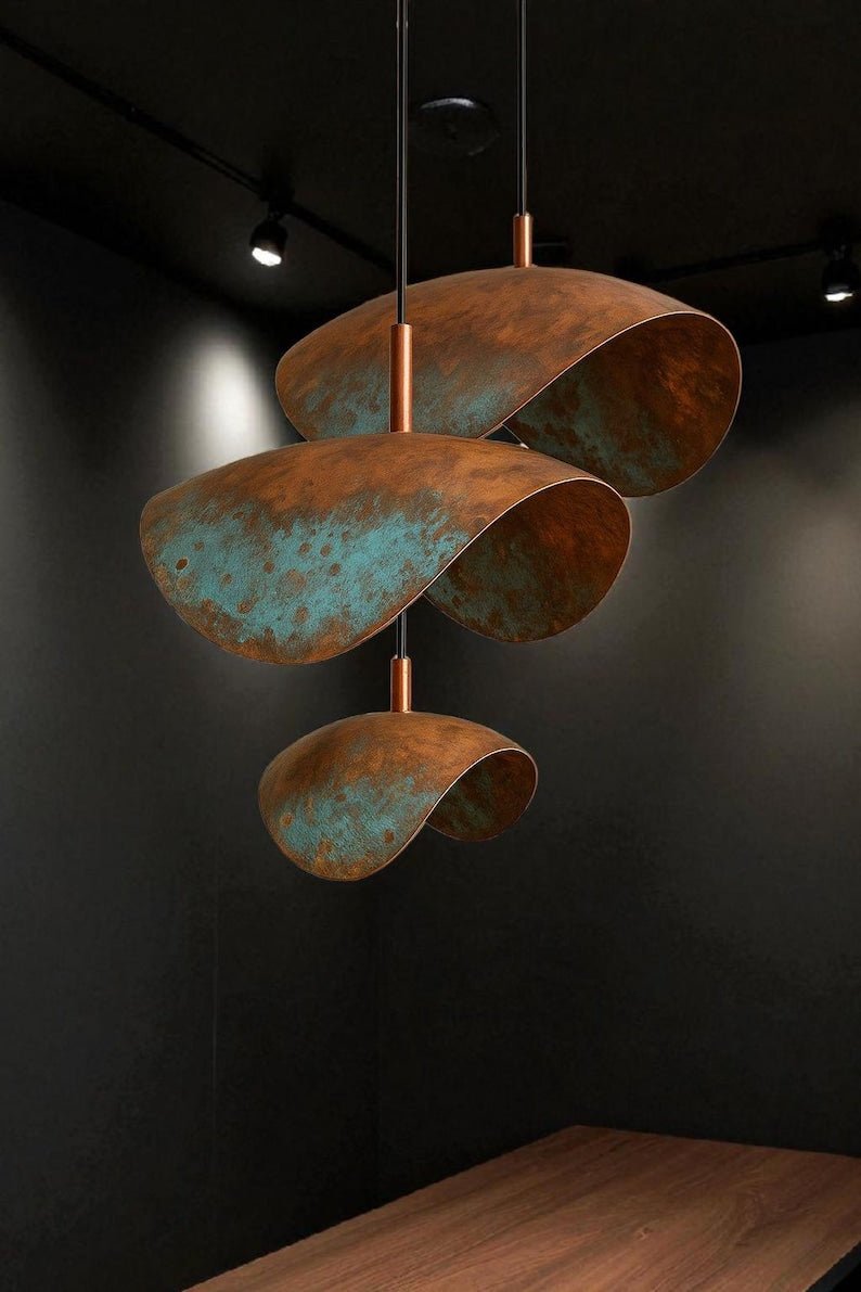 Set of 3 Handcrafted Moroccan Copper Pendant Light: Blue Patina Dome Lamp