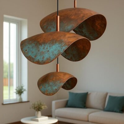Set of 3 Handcrafted Moroccan Copper Pendant Light: Blue Patina Dome Lamp