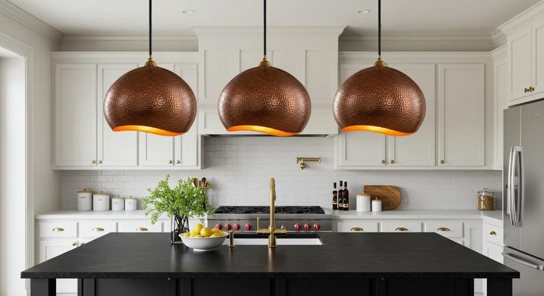 Handcrafted Hammered Copper Pendant Light: Moroccan Copper Patina Brass Dome