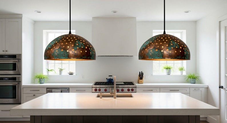 Handmade Copper Dome Pendant Lamp: green patina Rustic Light