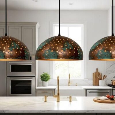 Handmade Copper Dome Pendant Lamp: green patina Rustic Light