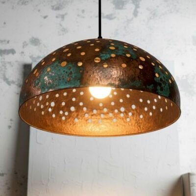 Handmade Copper Dome Pendant Lamp: green patina Rustic Light