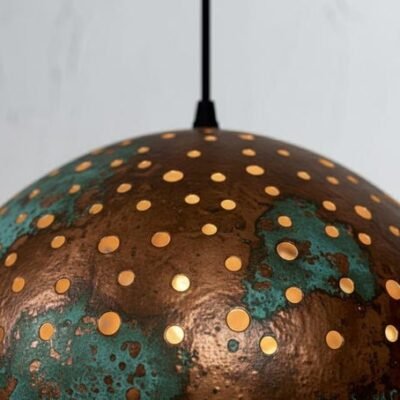 Handmade Copper Dome Pendant Lamp: green patina Rustic Light